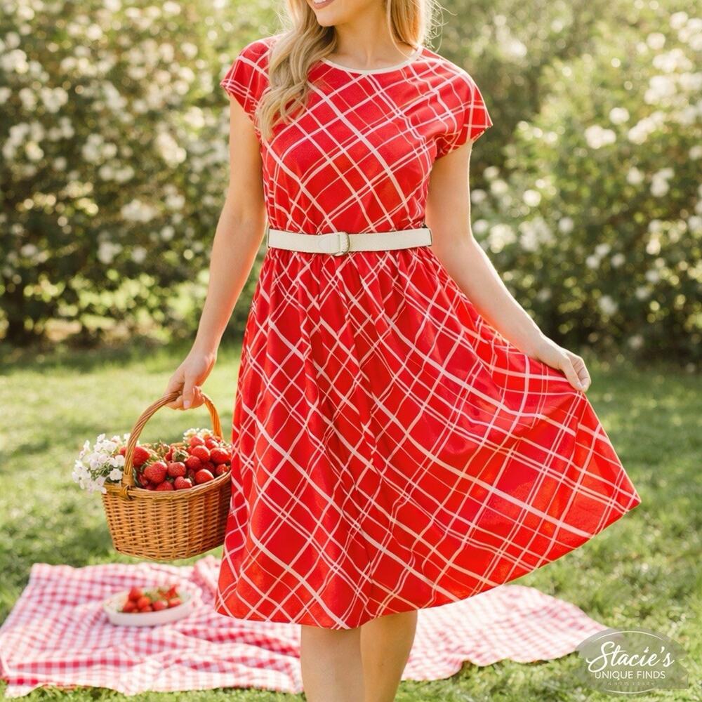 Vintage Melissa Lane Red Plaid Dress Belted Fit Flare Retro Midi
